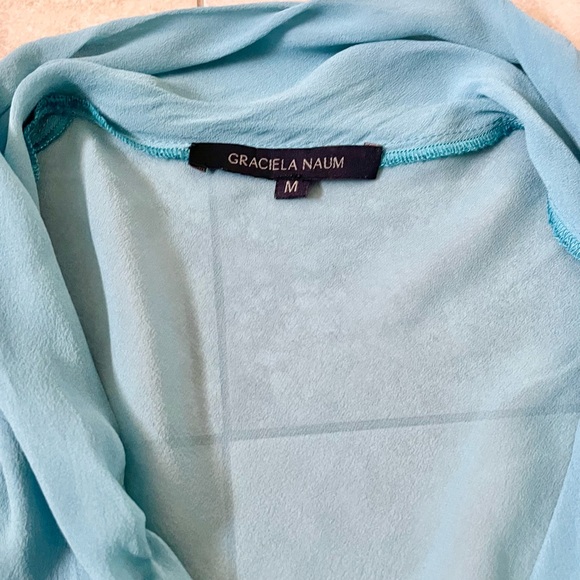 Sheer Silk Turquoise V-Neck Blouse, Women’s Size M - Picture 7 of 12
